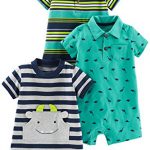 Simple Joys by Carters Baby Boys 3-Pack Rompers, Blue Stripe/Turquoise Dino/Grey Navy, 18 Months
